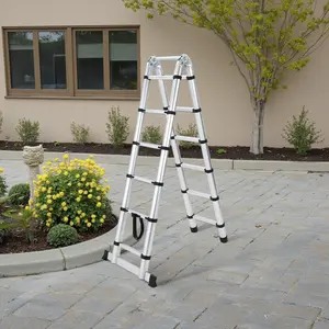 Portable Telescopic Aluminum Extension Ladder for Home Use, A-Frame Folding Extension Ladder with Stabilizer Bar & Non-Slip Feet, 330lbs Load Capacity, Multi-Use Portable Step Ladder