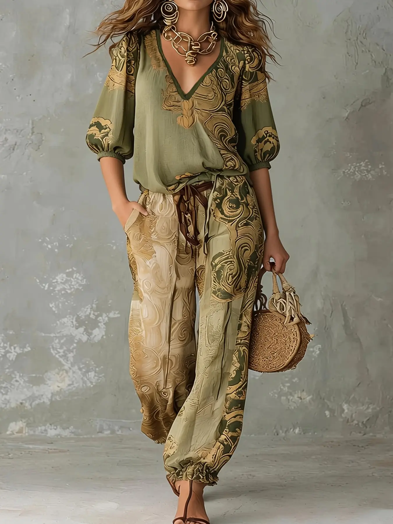 Women's Ethnic Print V-Neck Bubble Sleeve Top and Cargo Pants Set, Casual Vacation, Retro Two-Piece Ensemble, Comfortable and Stylish