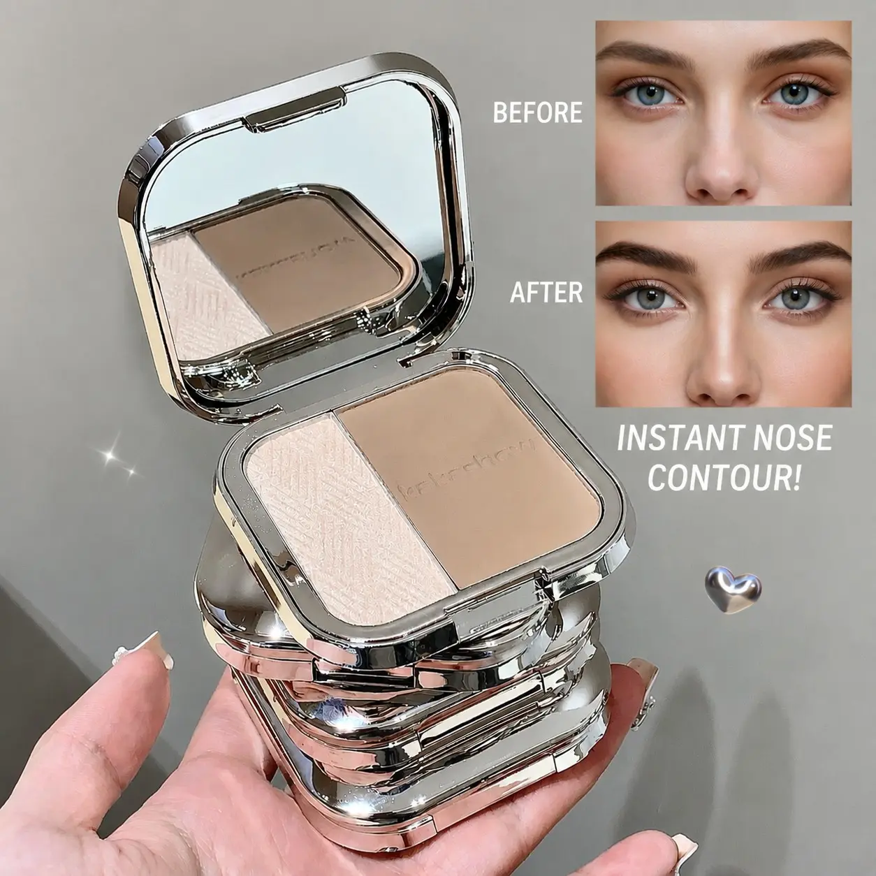 Dual Tone Highlighter Concealer Palette, Nose Shadow Side Face Highlight, Pearl Finish Fine Shimmer, Natural Color Correction