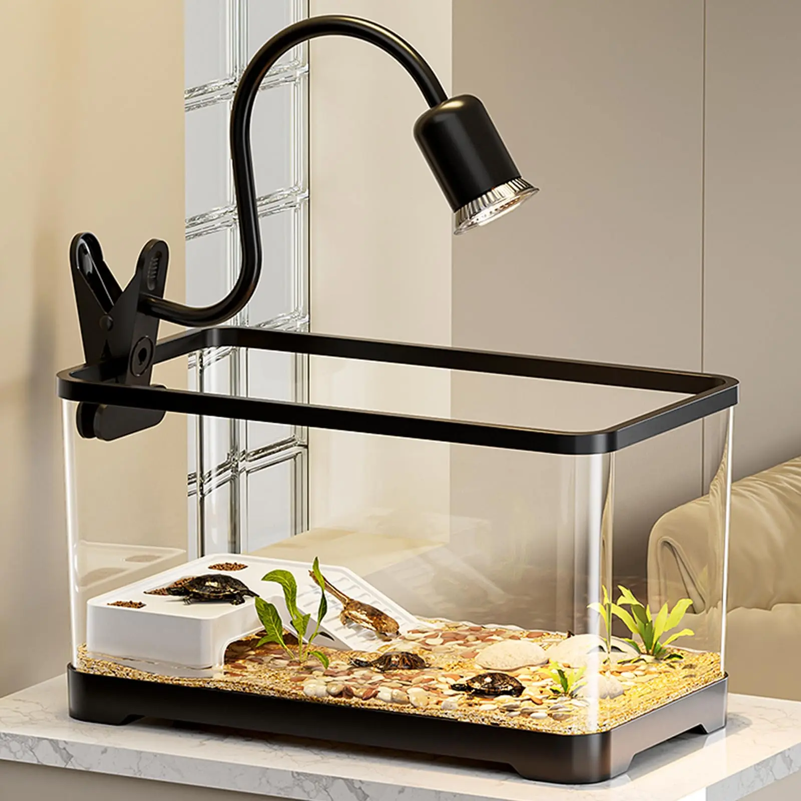 Turtle Tank Kit 3-Gallon with Light and Basking Platform – Ideal Starter Habitat for Turtles, Hermit Crabs, Small Aquatic Pets – Compact Small Animal Cage