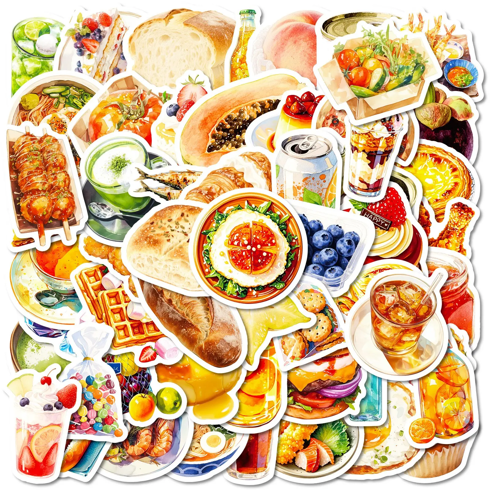56 Realistic Food Stickers, Fruit Cake Bread Drink Patterns, Creative DIY Hand Account, Waterproof Vinyl Decals for Water Bottles, Laptops, Bags, DIY Crafts Stickers
