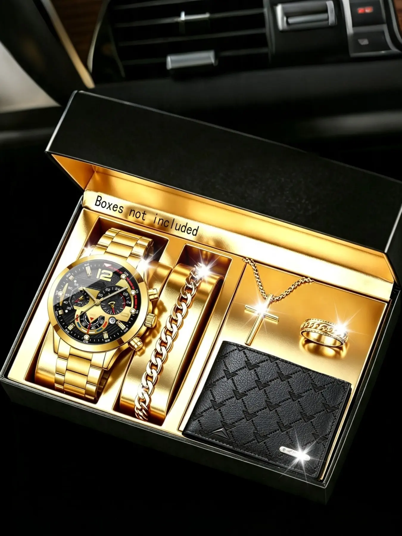 5-Piece Men's Casual Sports Set, Multi-Function Watch, Necklace, Ring, Bracelet, Wallet, Ideal for Daily Wear, Birthday Gift, Party