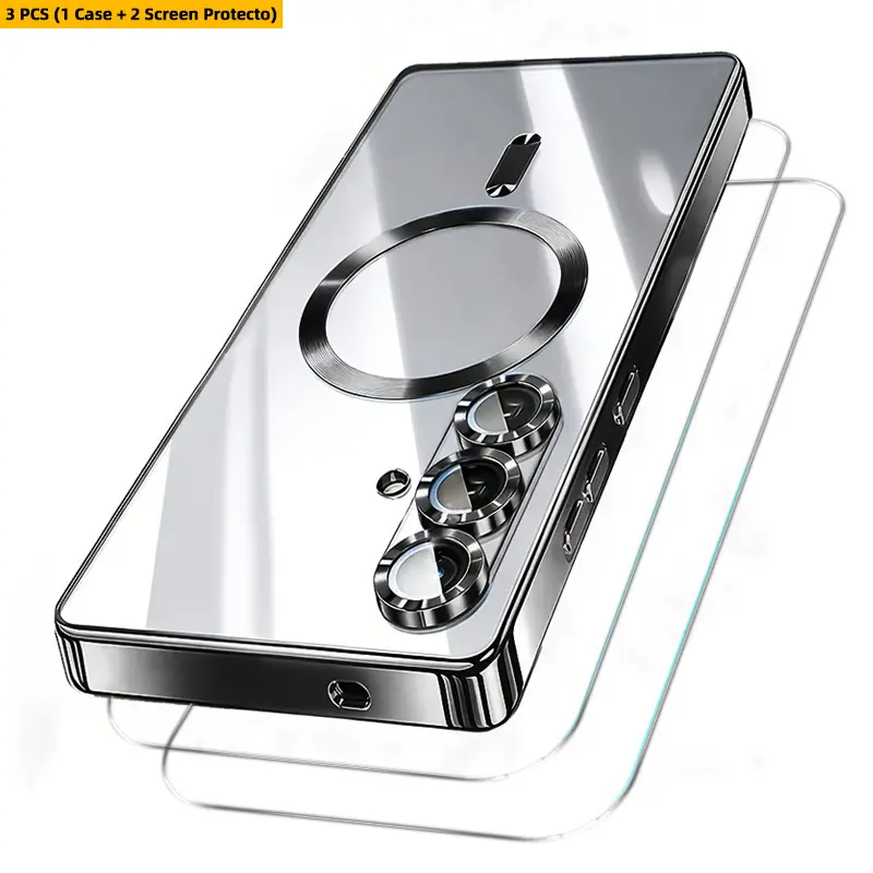 3PCS [1 Phone Case with 2 Clear Screen Protectors] Luxury Ultra Thin Clear Plating Magnetic Phone Case for Samsung for Galaxy A57 A37 A55 A56 A35 5G A36 A34 A14 A24 A16 A17 A07 A15 A54 Series, with Camera Protectors, Perfect Mother's Day Gift