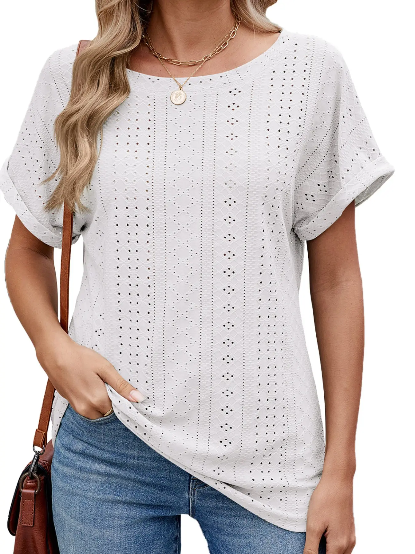Summer Women's New Fashion Drop Shoulder Sleeve Top, Embroidered Hollow V-Neck Short Sleeve T-Shirt, Stylish Ladies' Clothing
