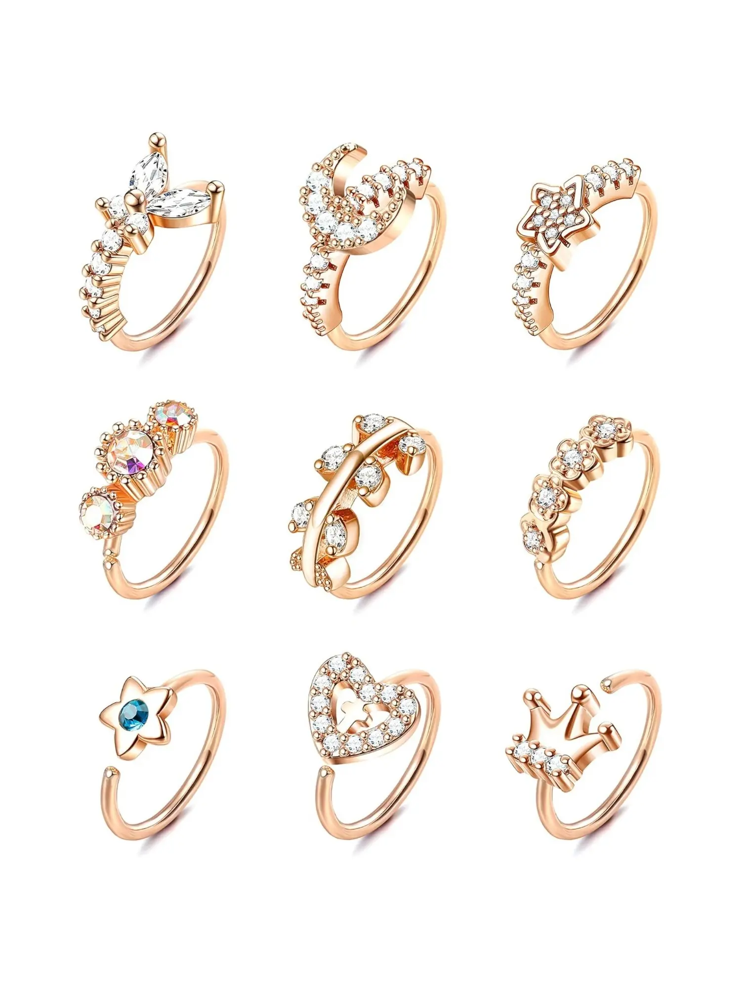 9 Pcs Charming Rose Golden Adjustable Open Nose Rings Copper Nose Piercing Jewelry Set with Shimmering Zirconia for Women Diverse Romantic Designs Butterfly Moon Star Crown Heart Floral Patterns Dainty Body Ornaments for Nose Septum Nostril Piercings