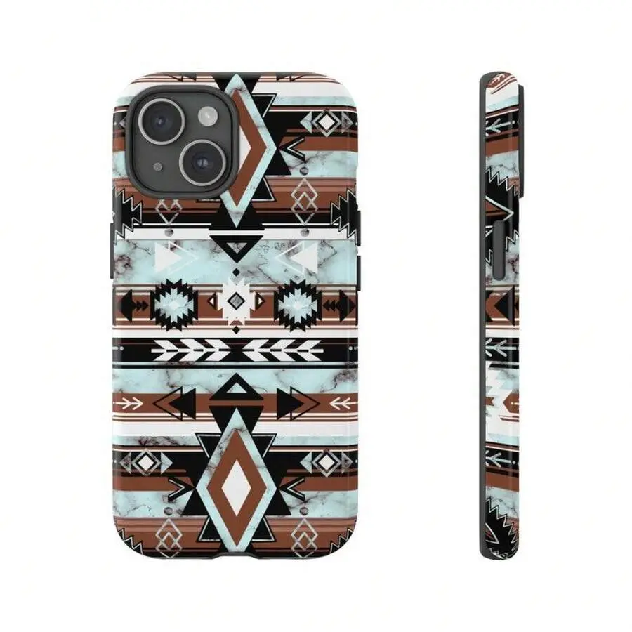 Turquoise Marble Aztec Tribal Geometric Pattern Phone Case Shockproof Protective Cover For iPhone 11 12 13 14 15 16 17 Pro Max Western Southwest Boho Vintage Aesthetic Anti-Scratch Hard Shell