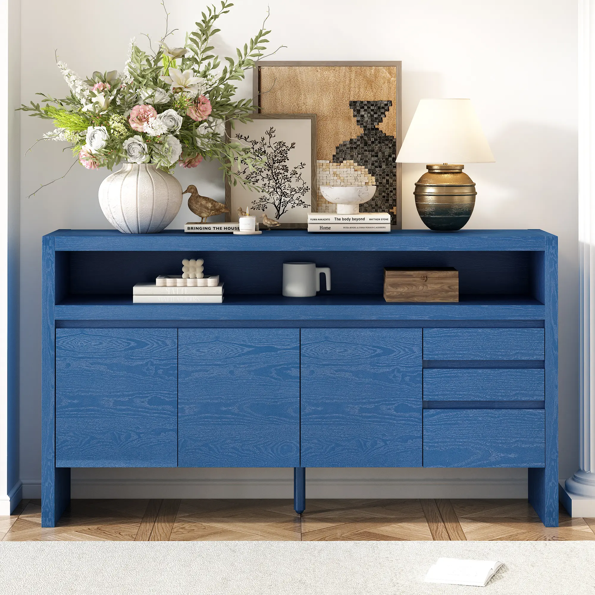 60" Wide Modern Wood Sideboard Cabinet - 3-Door, 3-Drawer, 1 Semi-Open Shelf Storage, Solid Ash Veneer MDF, Center Cutout Back Panel, Cable Management, Flat Base, Compartment Dining Room Furniture, Assembly Required