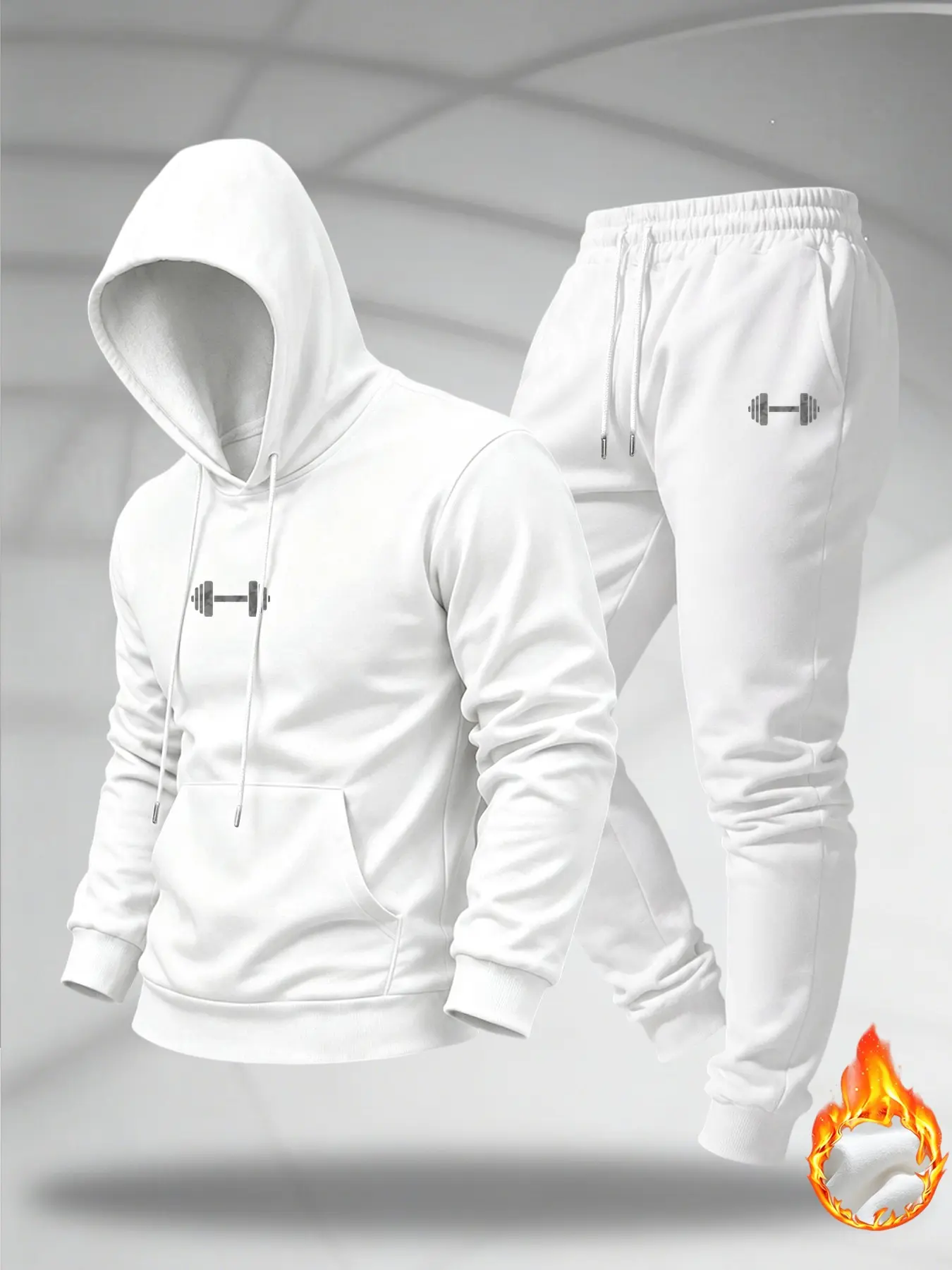 Men 2‑Piece Dumbbell Print Tracksuit Warm Fleece Lined Hoodie & Jogger Pants Set Casual Workout Athletic With Pocket, Training Running Tracksuit