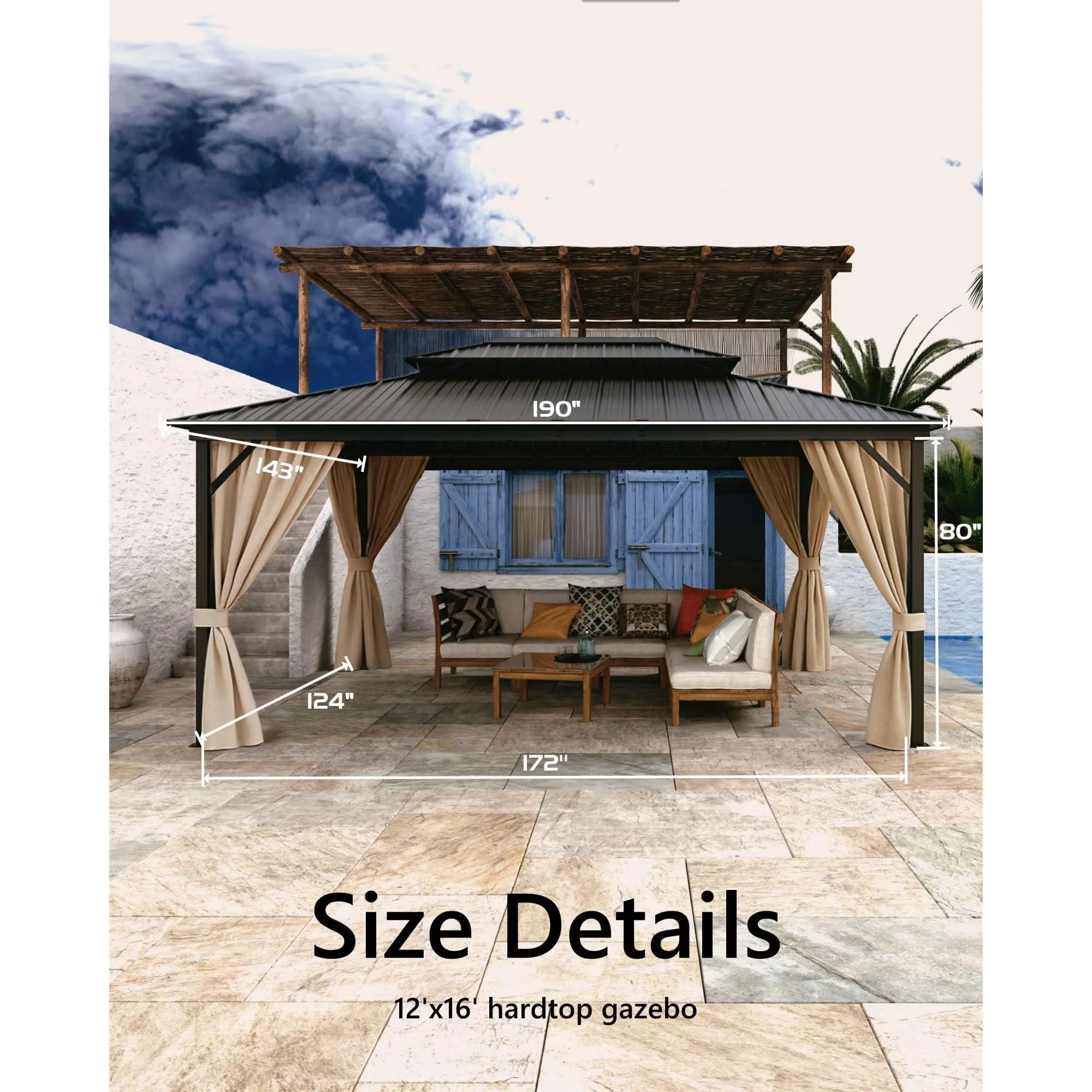 Garvee 16x12 FT Hardtop Gazebo with Curtains and Netting, Galvanized Steel Double Vented Roof, Aluminum Frame Metal Patio Gazebo for Backyard, Deck, Lawn and Garden, Khaki