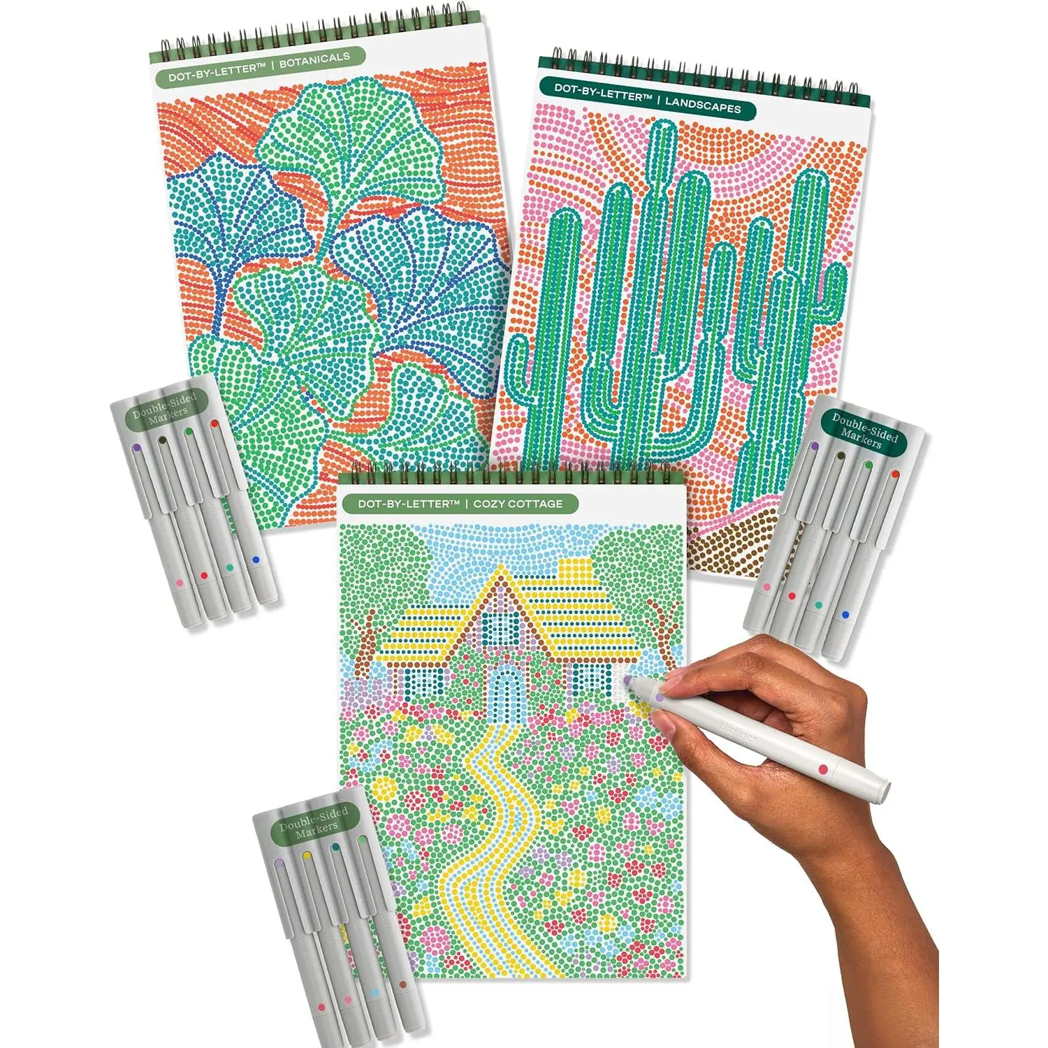 Lifelines FlowArt Activity Pads, 3-Pack - Guided Dot by Letter Art Meditations with Markers - 12 Double-Sided Markers & 60 Scenes - Color by Number Coloring Books for Tweens, Adults & Seniors