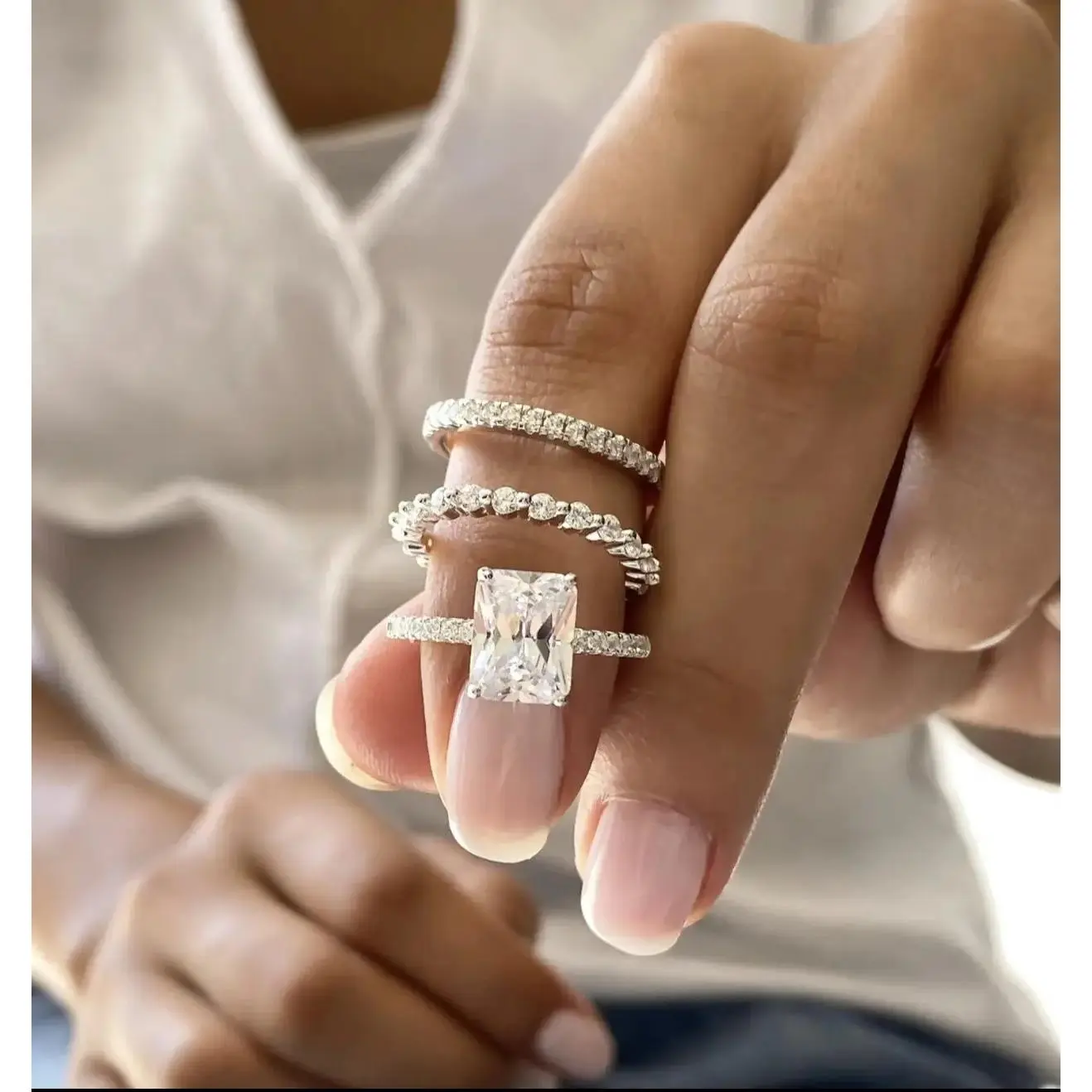3 Piece Stackable Ring Set for Women Cubic Zirconia Engagement Ring Set Wedding Promise Rings Silver Tone Eternity Band Minimalist Bridal Jewelry Gift for Her Birthday Anniversary Christmas Elegant Fashion Jewelry Stackable Rings Bridal Set