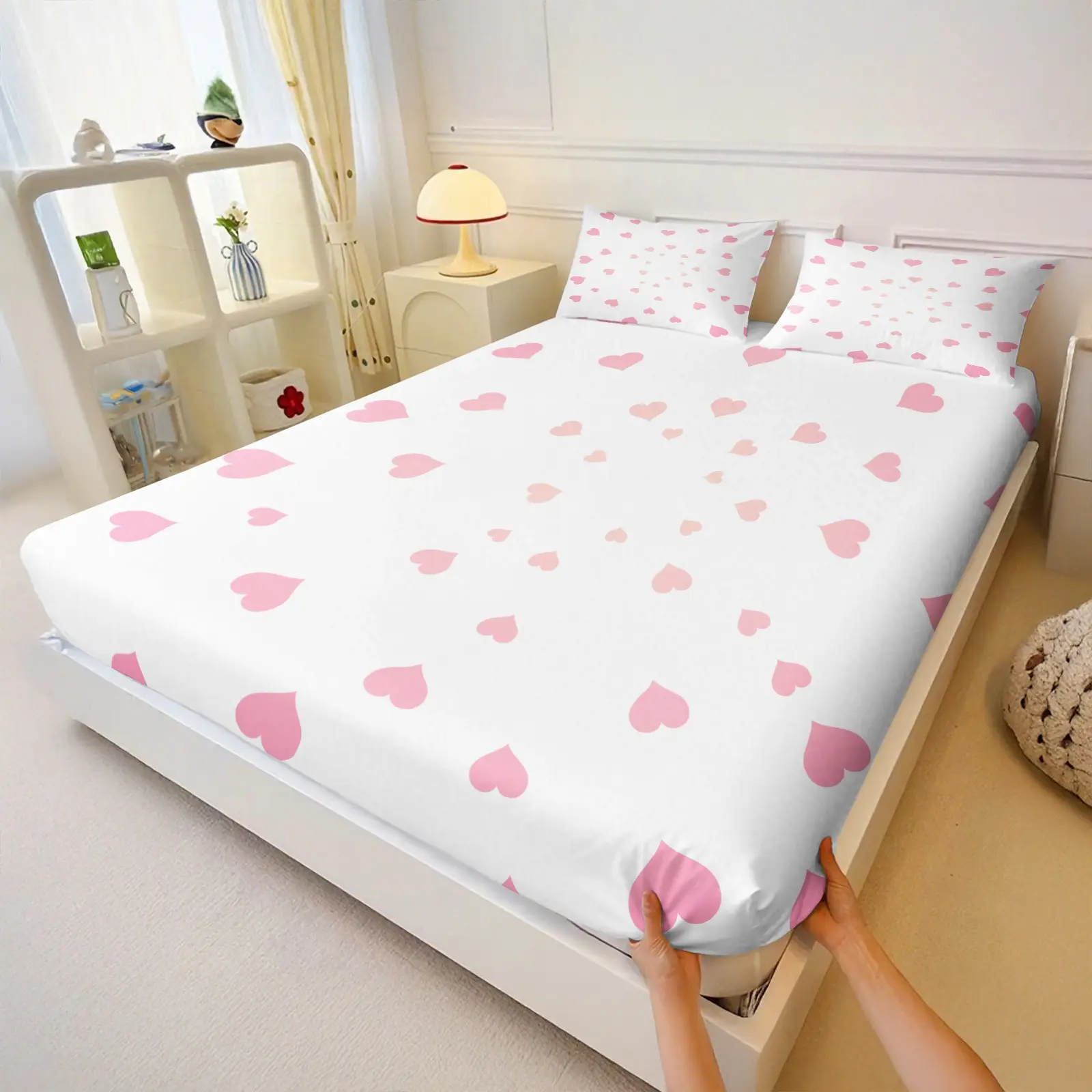 White Base Pink Heart Print Fitted Sheet Bedding Set (1 Fitted Sheet + 2 Pillowcases), Sweet Love Heart Pattern, Soft Breathable Microfiber Deep Pocket Elastic Sheet, Girls Cute Bedroom Dorm Bedding