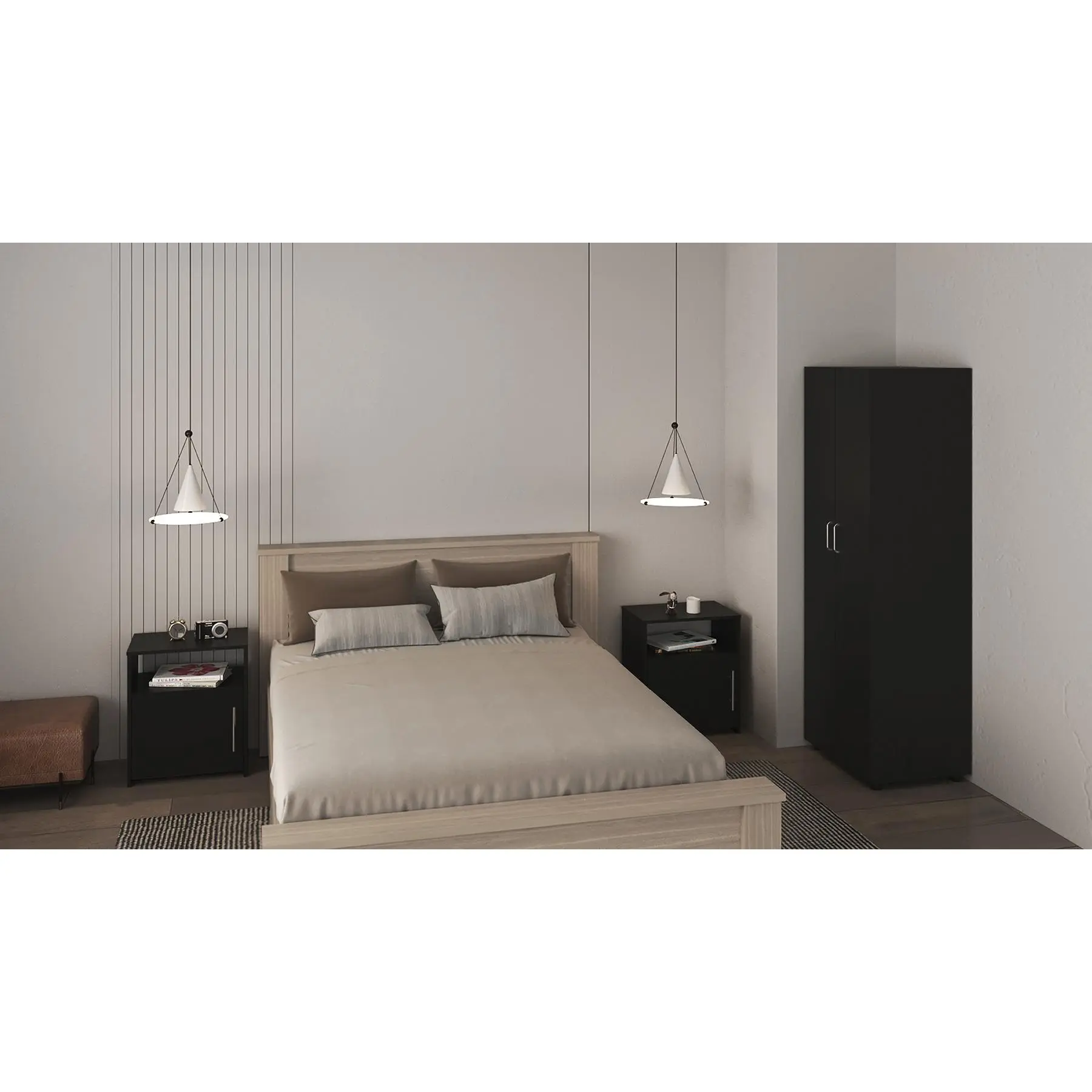 Nokaa 3-Piece Bedroom Set with London Armoire and 2 Omaha Nightstands, Black Particle Board, Full Size Bedroom Furniture Combo, Ready to Assemble