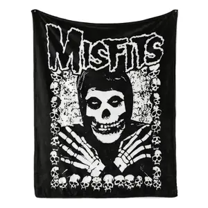 Misfits Skull Graphic Flannel Blanket, Punk Rock Horror Fleece Throw Blanket, Black White Skeleton Print Blanket for Bed Sofa Dorm Room Gothic Decor