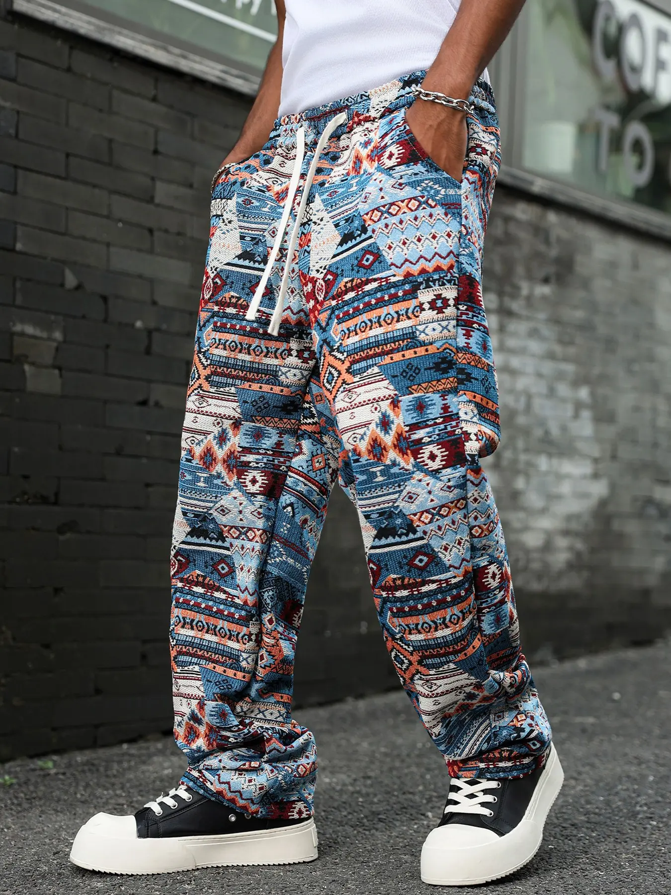 Men's Bohemian Vintage Ethnic Print Cargo Pants, Elastic Drawstring Waist, Multiple Pockets, Fringe Hem, Casual Spring & Fall Pants, Boho Elastic Pants