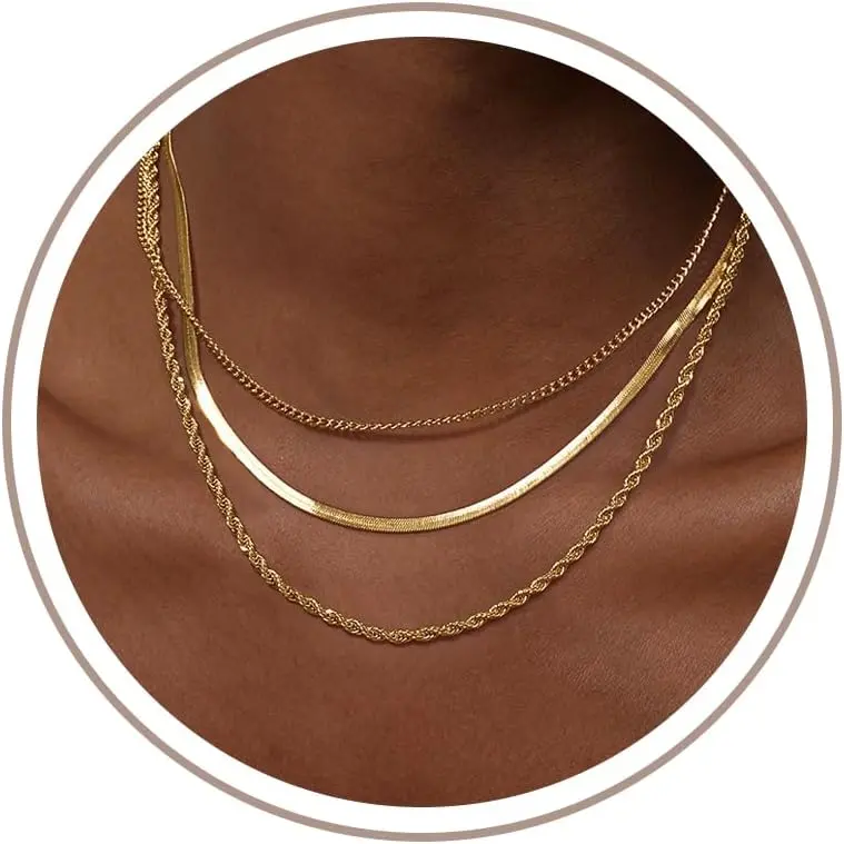 Freekiss Layered Necklace Set for Women Stackable Herringbone Snake Cuban Rope Chain, Dainty Choker, Layered Stackable, Non Tarnish, Hypoallergenic, Adjustable 14"-18.5", Gift Ready