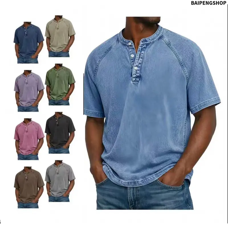 Men's Cotton Acid Wash Henley Tshirt - Vintage Short Sleeve Top, Loose Fit Baggy Menswear for Casual & Workout Streetwear