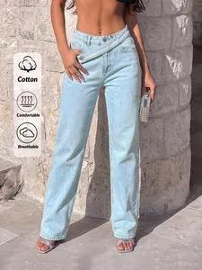 Women's Light Wash Straight Leg Denim Jeans With Unique Waist Detail Casual Long Zipper Pants, Casual Versatile Design, Essential for All Seasons, Comfortable and Stylish
