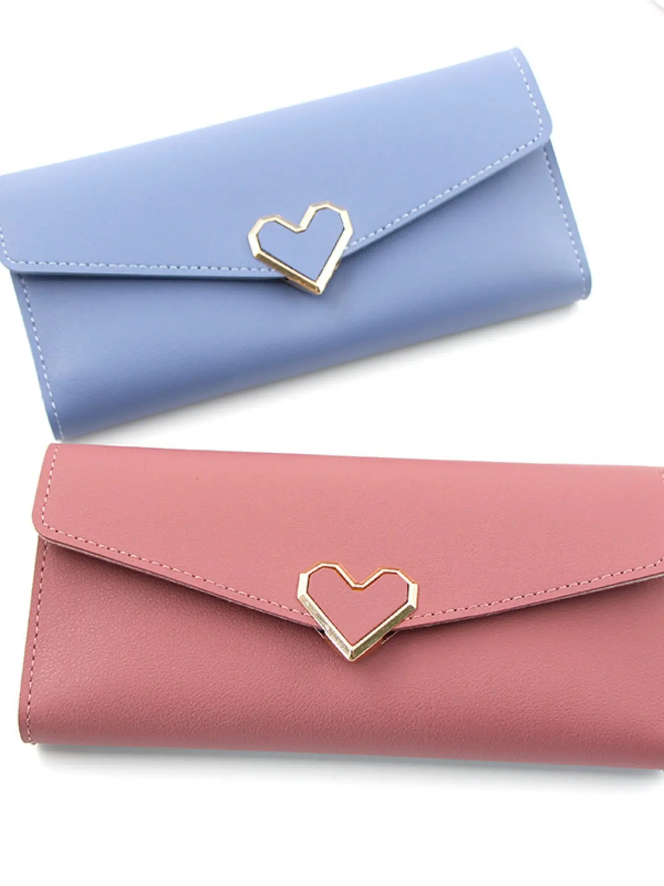 New Women's Long Wallet, Heart Shape Leather Card Holder, Multi-Card Slot, Buckle Money Clip, Large Capacity Handbag, PU Leather Wallet