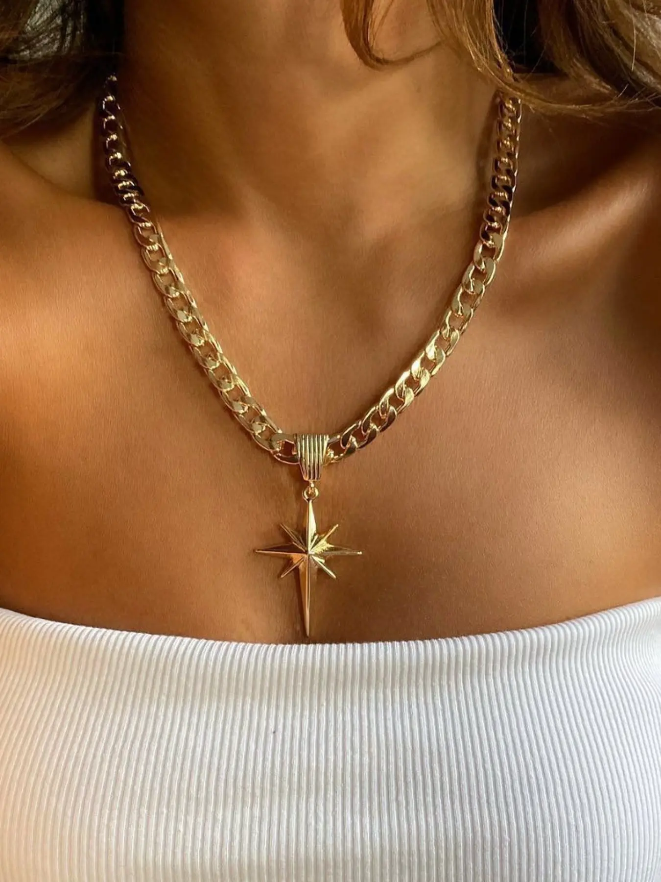 Chunky Cuban Chain Polaris Pendant Necklace, Silver, Retro Octagon Star, Boho Streetwear Jewelry for Women