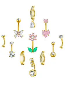 11 Pcs Belly Button Ring Set, Surgical Stainless Steel, Butterfly Flower Design, Floating Clicker, Navel Piercing Jewelry for Women