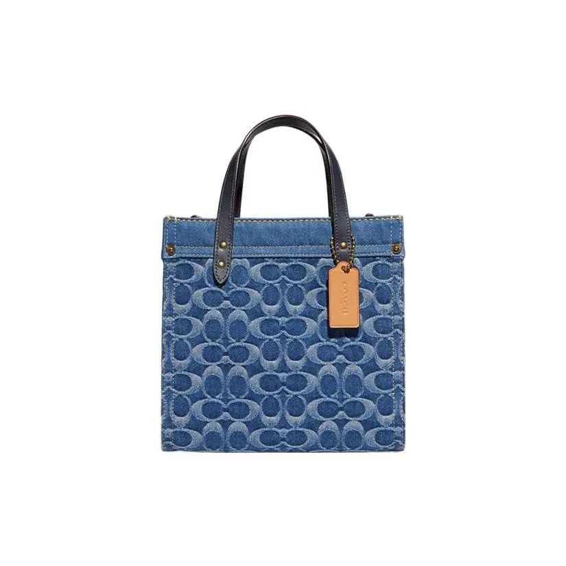 COACH Field 22 Wavy Caramel Denim Tote Bag for Women, Navy Blue