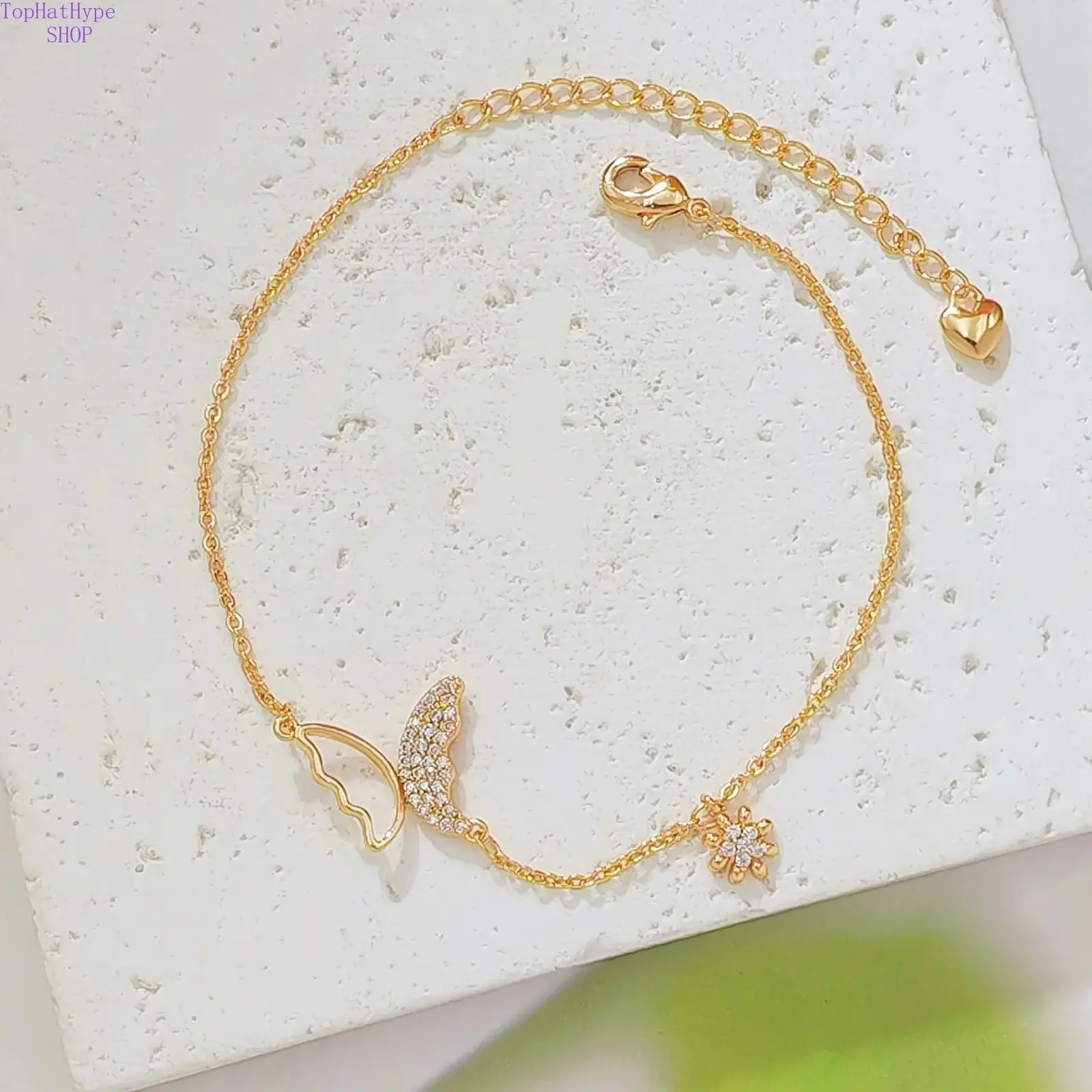 Women Dainty Butterfly Ankle Bracelet, Sparkling Cubic Zirconia Snowflake Charm Gold Plated Adjustable Anklet, Stackable Daily Beach Foot Jewelry Gift for Her