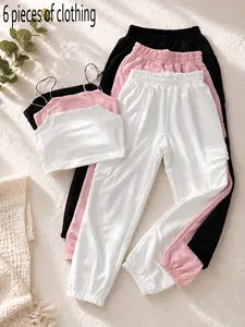 Teen Preppy 6 Pieces 3 Color Matching Lounge Set Spaghetti Strap Crop Cami Elastic Waist Cargo Jogger Pants School Casual Outfit perfect for after-school hangouts park picnics mall trips and trendy teen summer all-day styling
