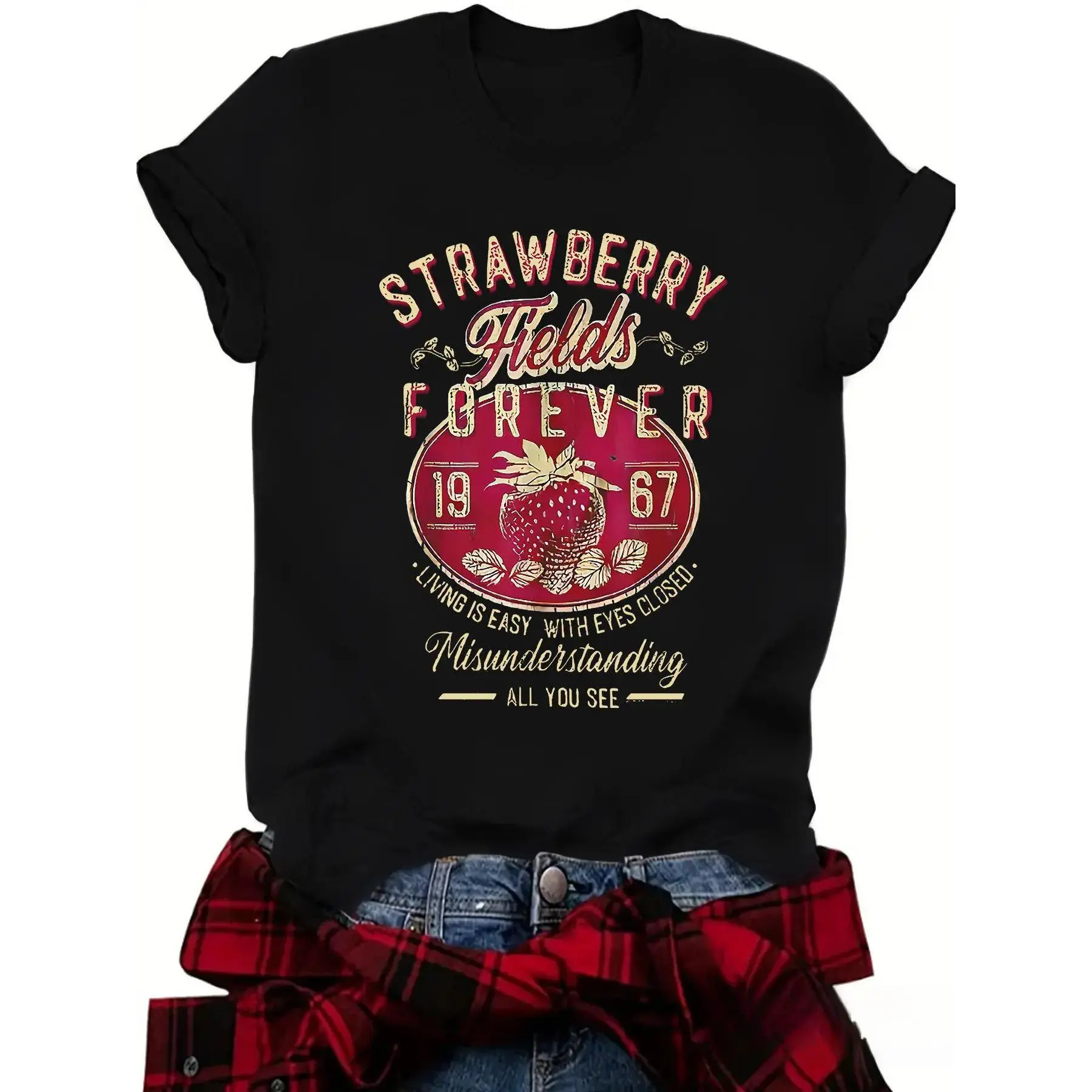 Unisex Oversized Vintage Strawberry Fields Forever Short-Sleeve Round Neck Breathable Graphic Tee, 1967 Retro Rock Band Streetwear Aesthetic Casual Sports Top (Vintage Graphic Tees Included), Shortsleeve, Cotton
