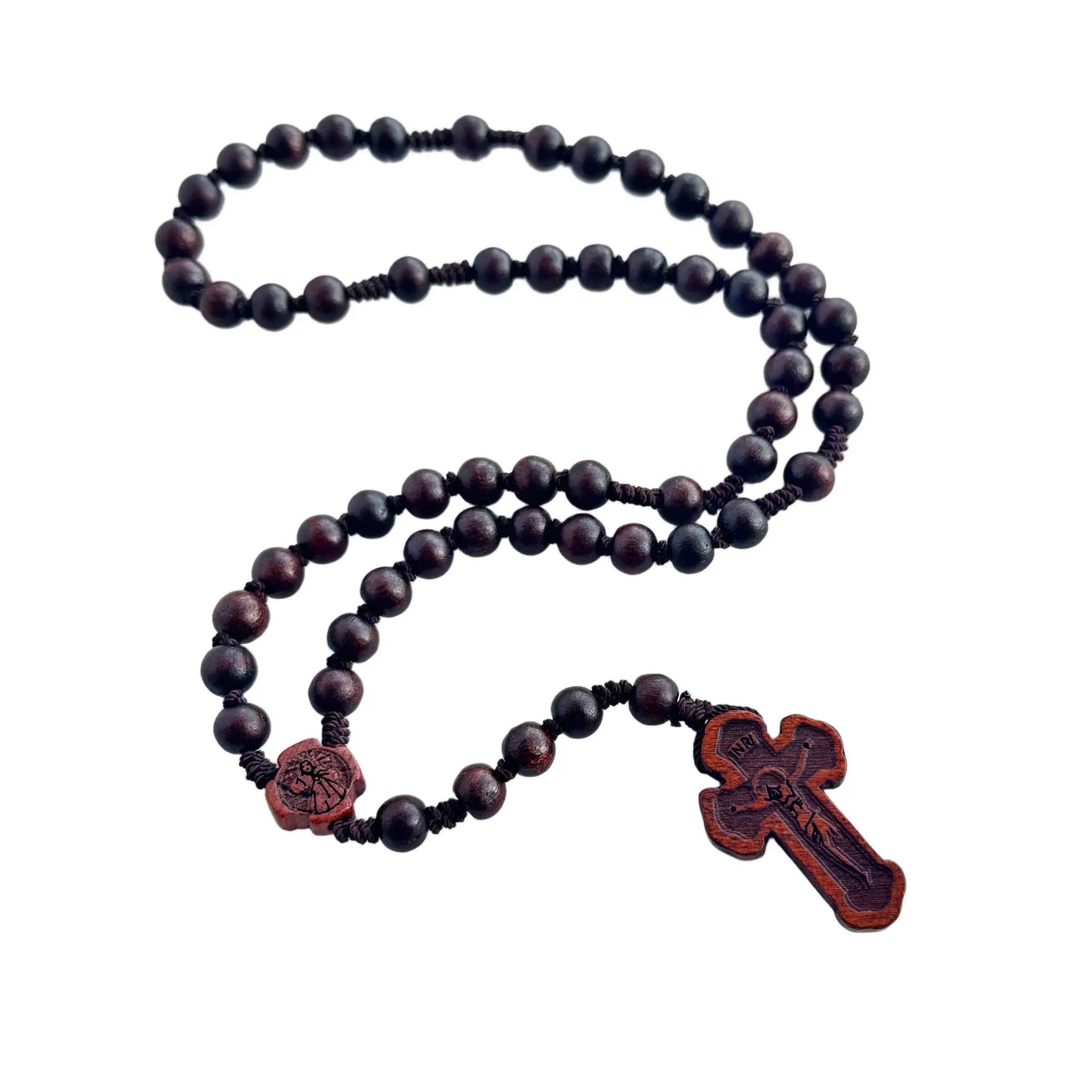 5 Piece Wooden Rosary Jesus Cross, Antique Wood Cord Rosary with INRI Cross, Religious Prayer Beads for Church Home Decor, Wooden Cross Decorations, Catholic Christian Gift for Baptism Confirmation