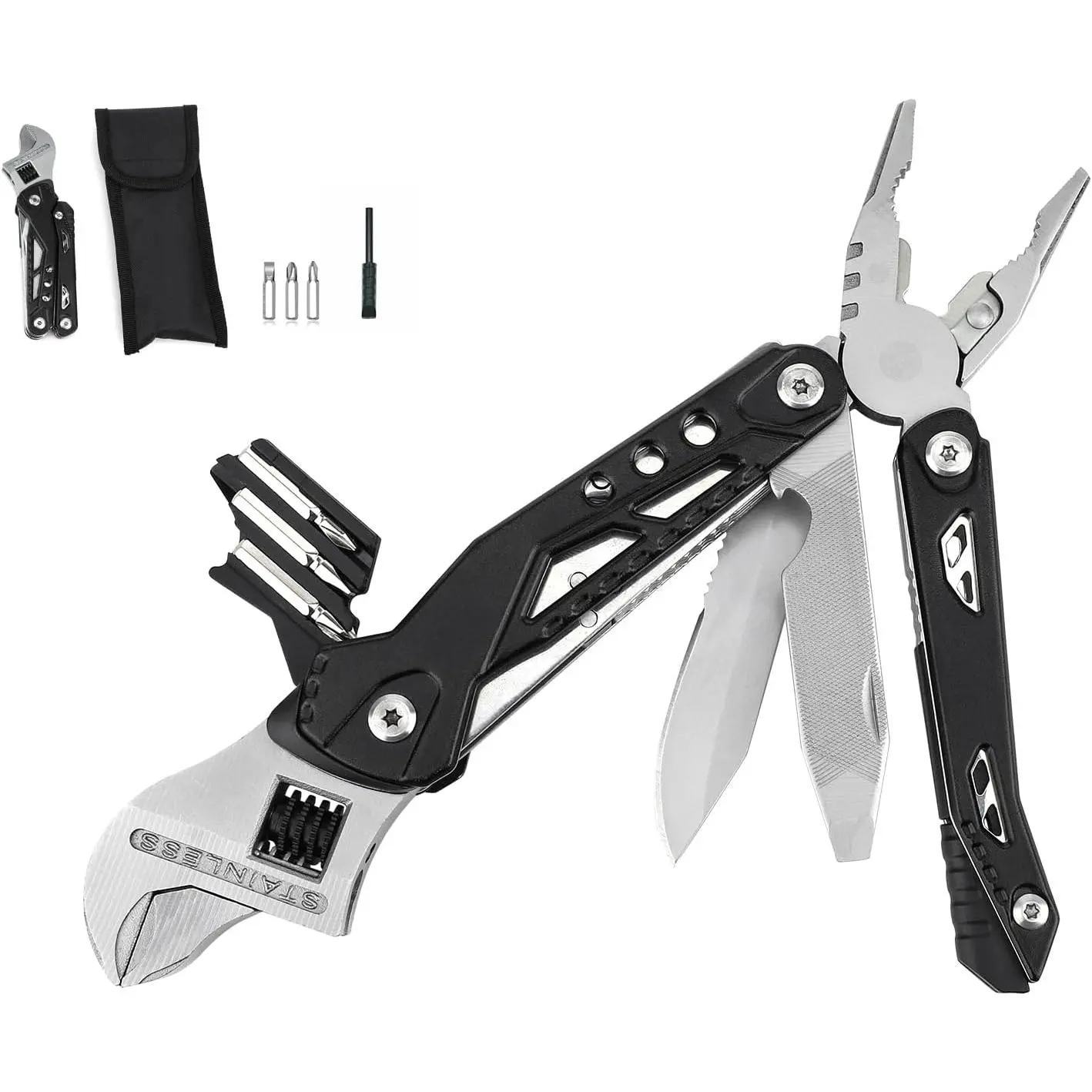 14-in-1 Adjustable Wrench Multitool EDC with Foldable Grip, 30Cr13 Stainless Steel Multi-Tool Including Pliers, Screwdrivers, for DIY Tasks, Camping, Outdoor Enthusiasts