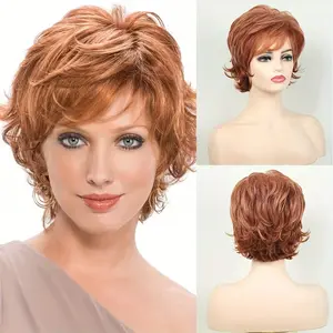 An orange-red short women's wig with side-parted curly hair, featuring natural fluffy textured perm. This full-head wig exudes elegance and youthful charm for daily wear, serving as a styling accessory suitable for cosplay, party performances, holiday gat