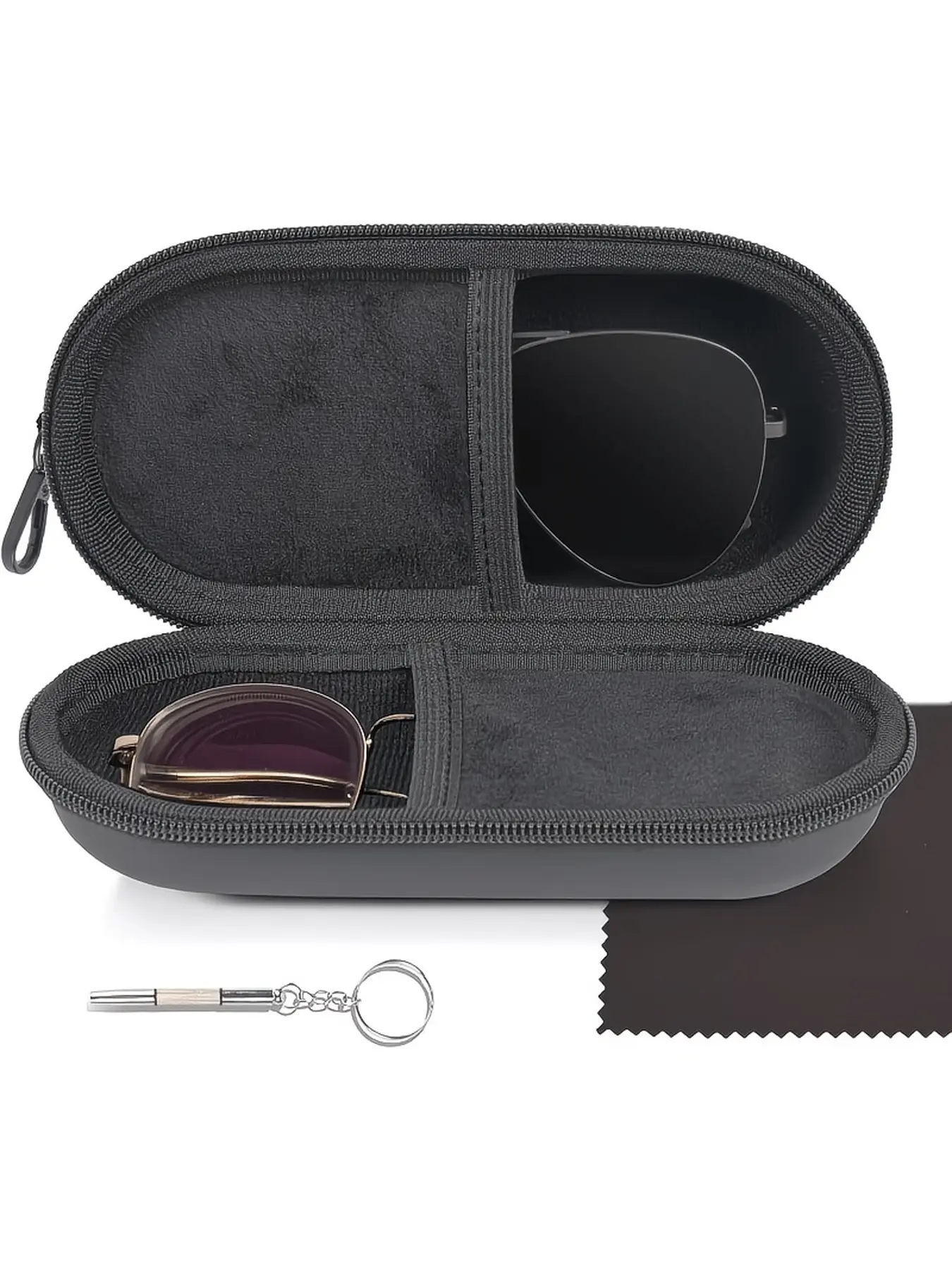 Dual Compartment Glasses Case, Holds 2 Pairs of Glasses, Zipper Hard Glasses Holder with Carabiner Clip, Shockproof Portable Sunglasses & Eyeglasses Storage Case, Portable Eyewear Organizer