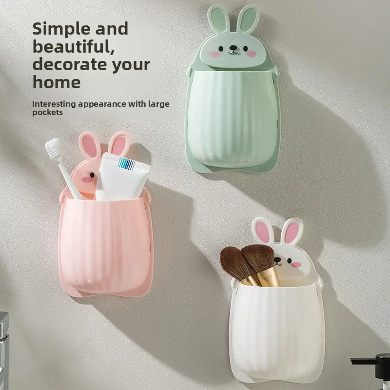 Cute Rabbit Toothbrush Holder, No Drilling Wall-Mounted Bathroom Organizer, Plastic Cosmetic Storage Rack, Multi-Functional Bath Accessories Shelf