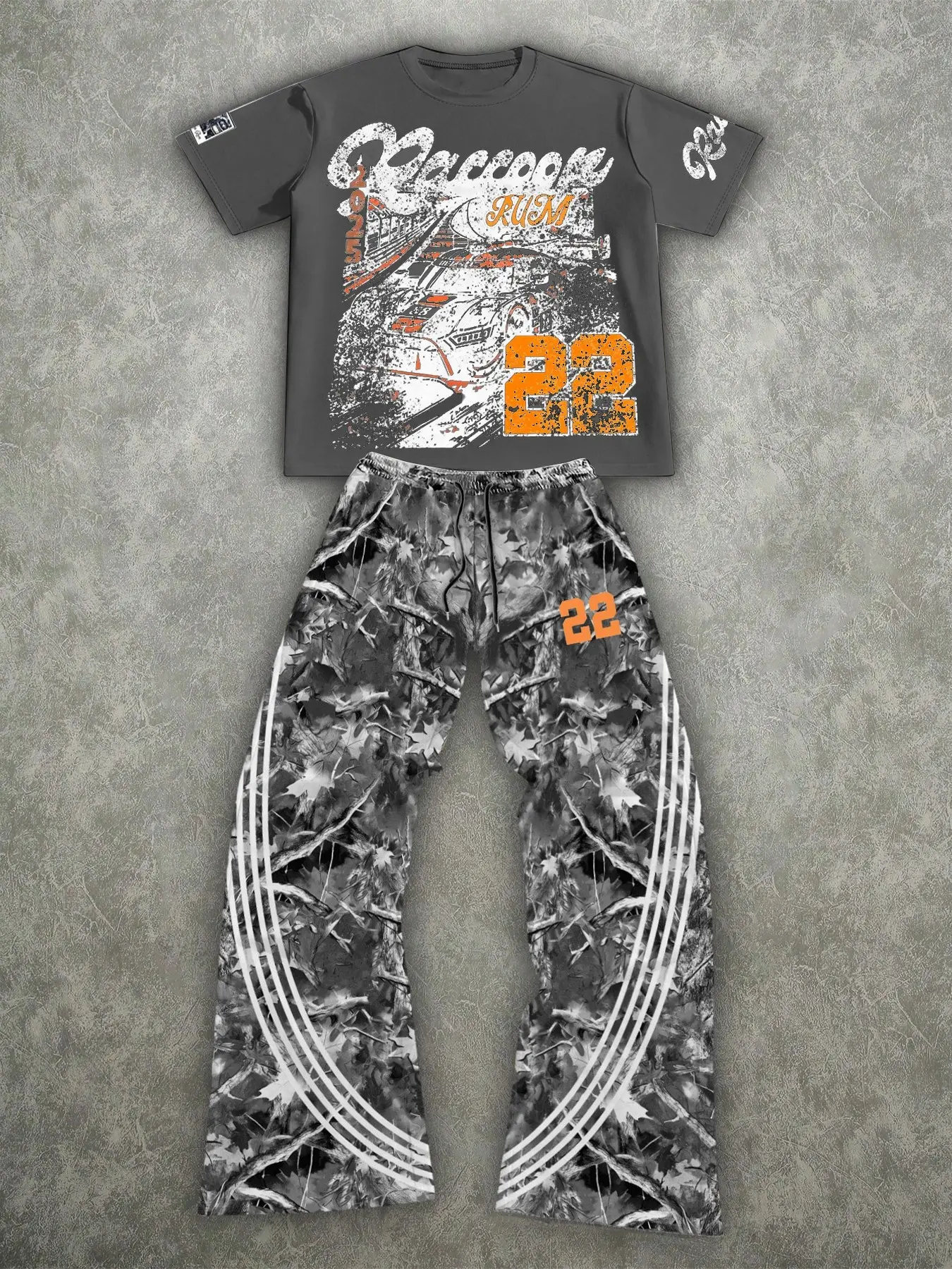 Men's Racing 22 Print Camo 2-Piece Tracksuit, Athletic Sets, Short Sleeve Tee & Wide Leg Pants, Casual Streetwear, 2026 Summer Y2K Motorsport Style, Daily Hangouts, Lounging, Errands, Viral TikTok Essential, Oversized Graphic Drawstring Sweat