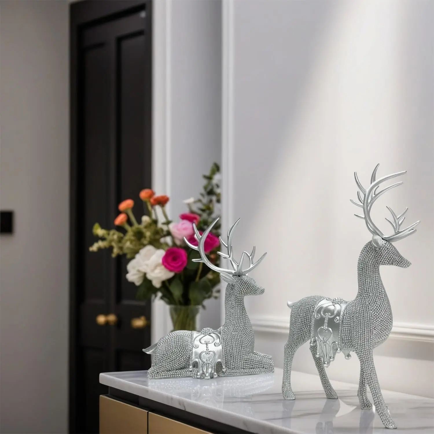 Artistic Deer Statues Set of 2, Silver Color Glitter Details, Chip Carving Sculptures for Christmas Thanksgiving New Year Home Decor