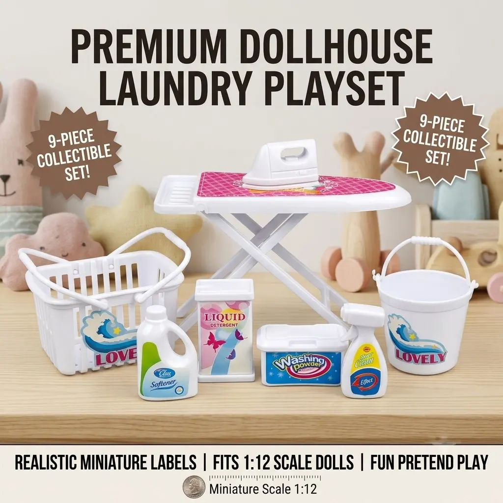 8-Piece Mini Realistic Laundry Tool Set, Model House DIY, Mini Scene Decor, Dollhouse Props, Ironing Board, Basket, Bucket, Miniature Set