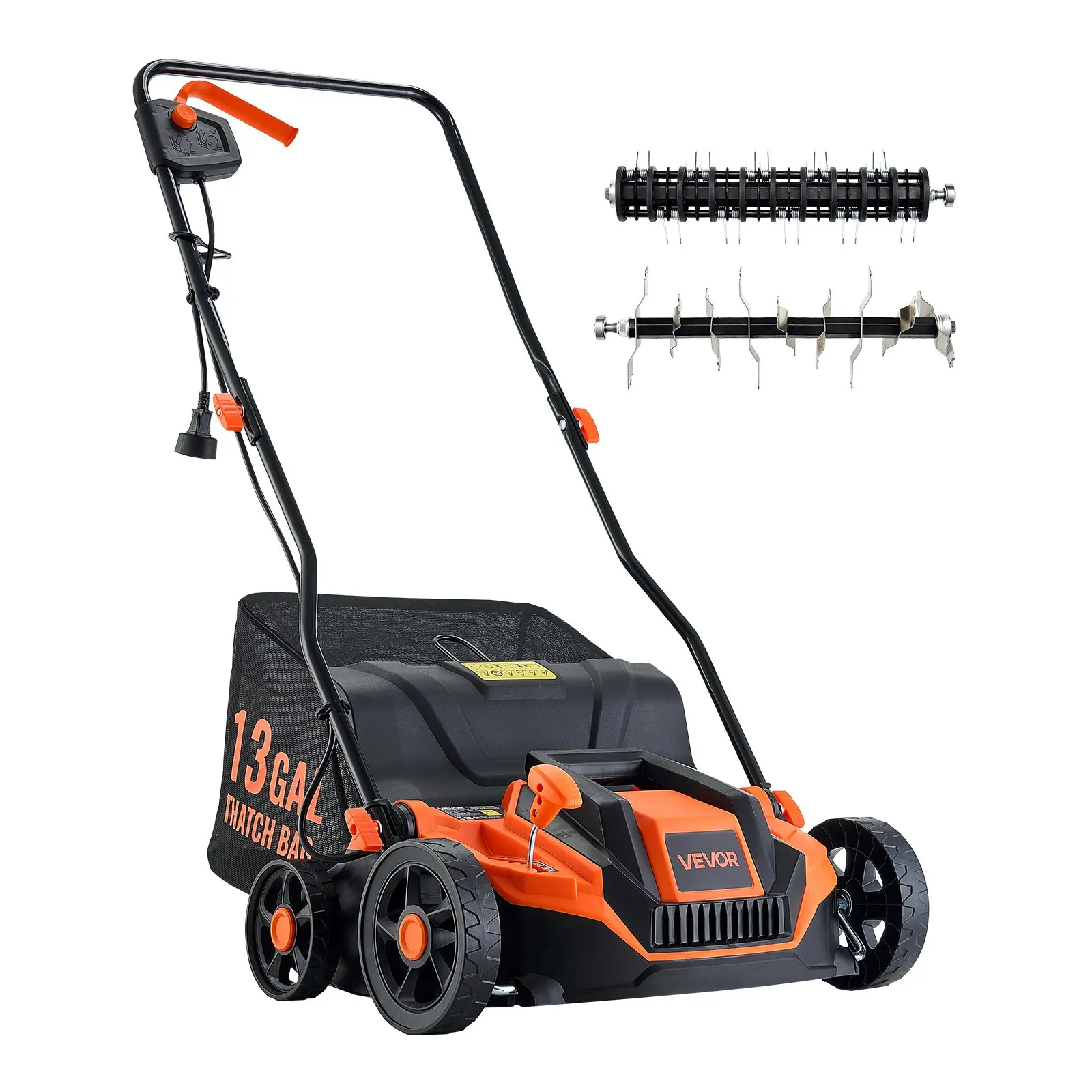 VEVOR 2-in-1 Electric Dethatcher and Scarifier, 13-Inch 13 Amp, Corded Lawn Dethatcher with 13-Gallon Thatch Collection Bag, 5-Position Depth Adjustment, Walk Behind Machine for Garden Yard Grass