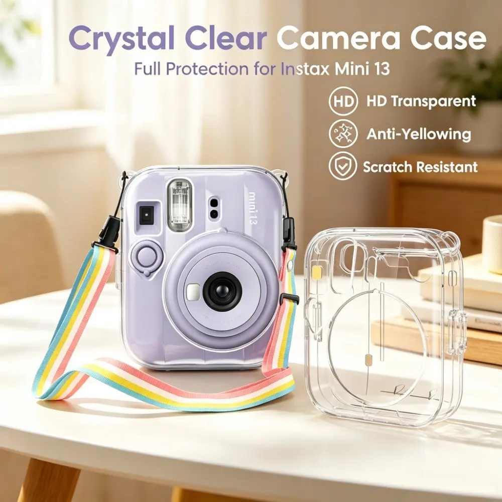 Clear Camera Case For Fujifilm Instax Mini 13 Shockproof Protective Cover With Rainbow Shoulder Strap