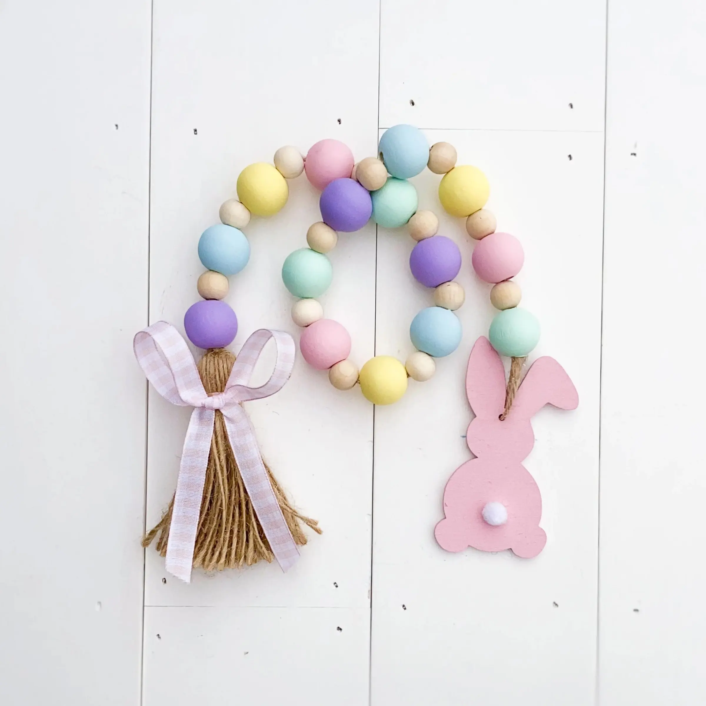 Farmhouse Easter Bunny Wood Bead Garland, Easter Decor, Tiered Tray Decor, Spring Decor, Beaded Garland with Tassel, Home Decoration