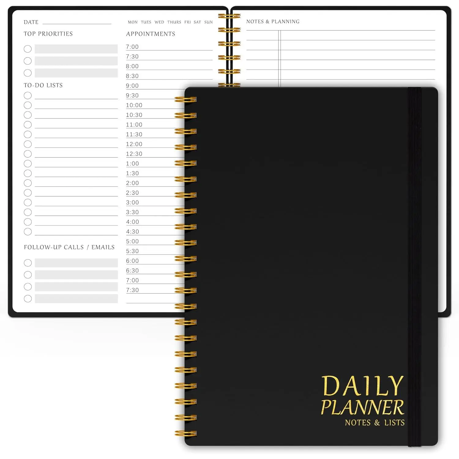 Undated Hourly Daily Planner Notebook with Undated Pages - 5.5x8.5in, Spiral Bound, Synthetic Cover, Task Tracking, for Work, Black, Easy Task & Appointment Management