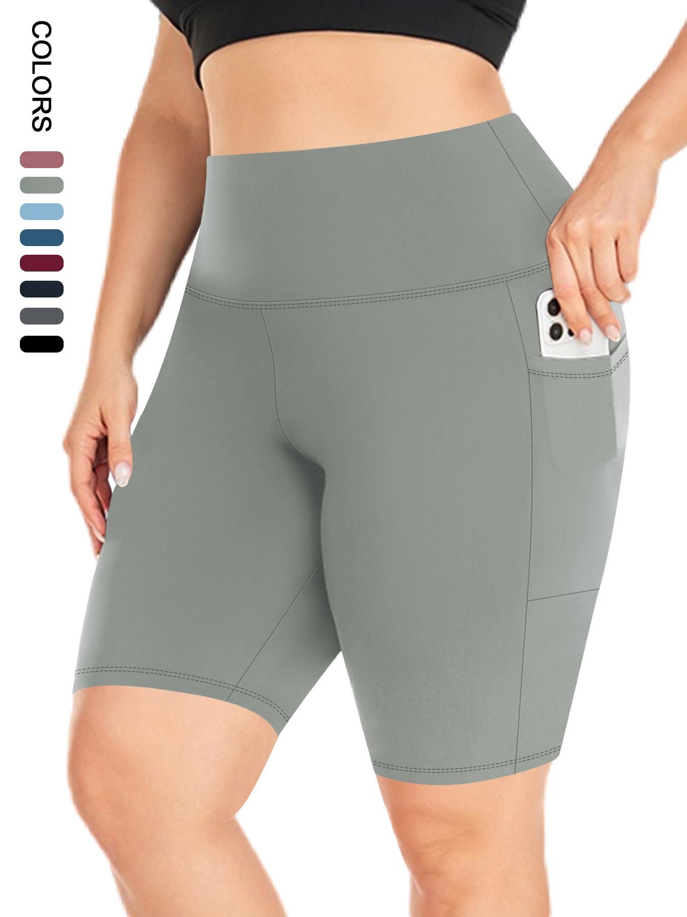 Plus Size Plain High Waist Convenient Pockets Snug Fit Skinny Shorts, Activewear Shorts, Athletic Shorts, Comfy Breathable High Stretch Elasticity Seamless Shorts for Daily Outdoor Sport, Women's Bottoms for Summer