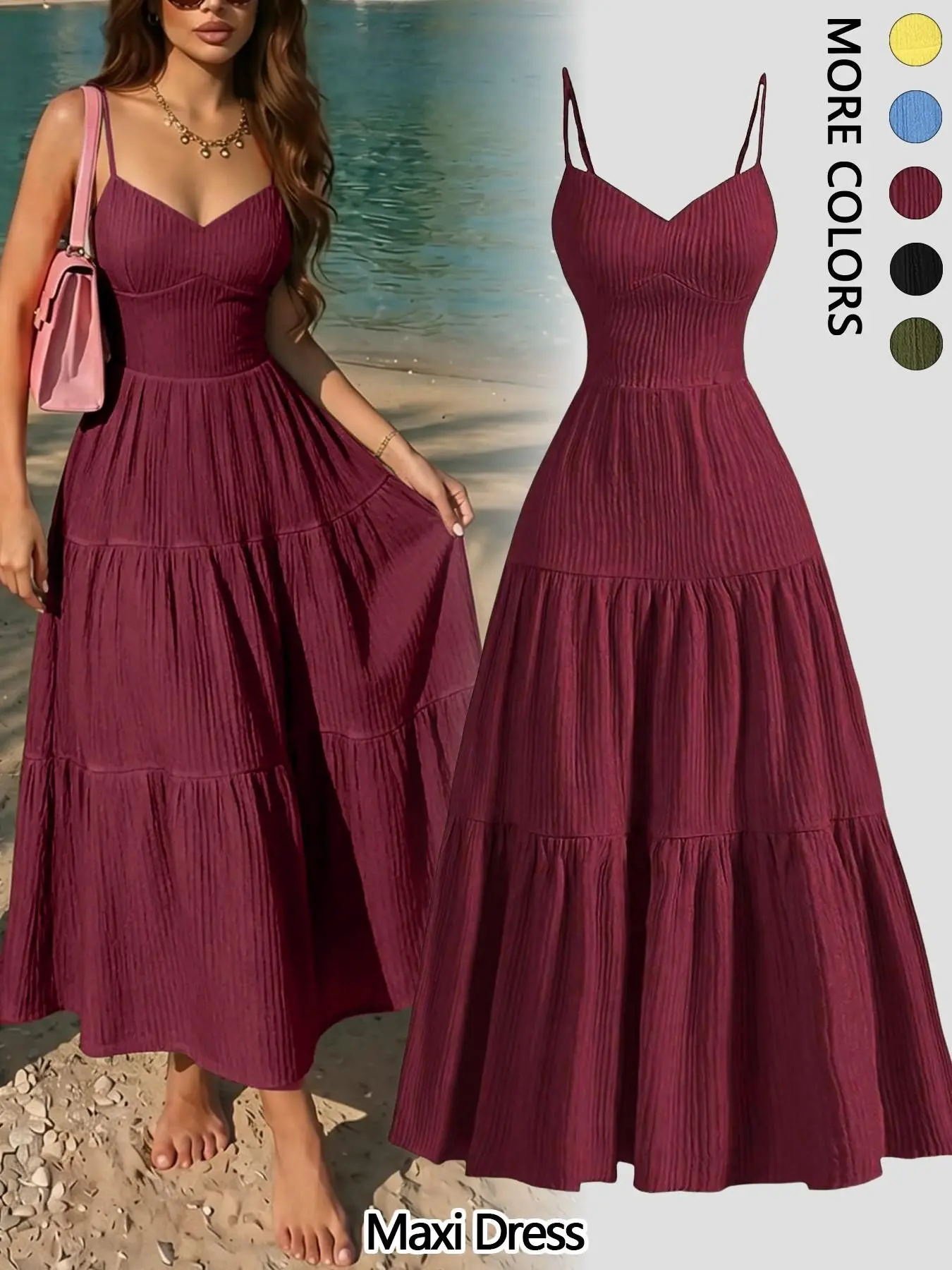 Elegant Feminine Plain Long Flowy Maxi Summer Dress with Thin Straps and Layered Ruffle Waist, Casual Boho Chic Fitted Women's Clothing, Lightweight and Comfortable Dress, Casual Wear