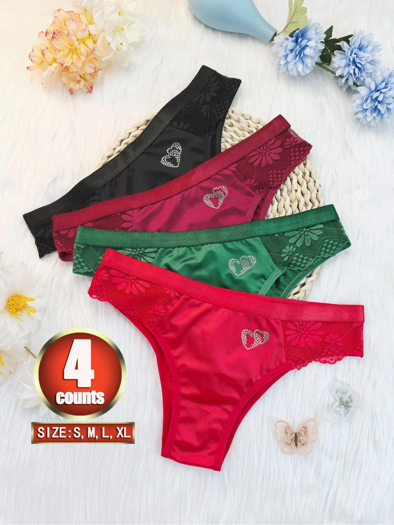 4 pieces, women's lace panties, Lace Panty Set, Heart, Lightweight fabric, sexy lingerie, Underwear, Fashion Breathable Underwear, breathable hipster shorts and stretch seamless bikini panties, 7 colors to choose from, multi-piece set