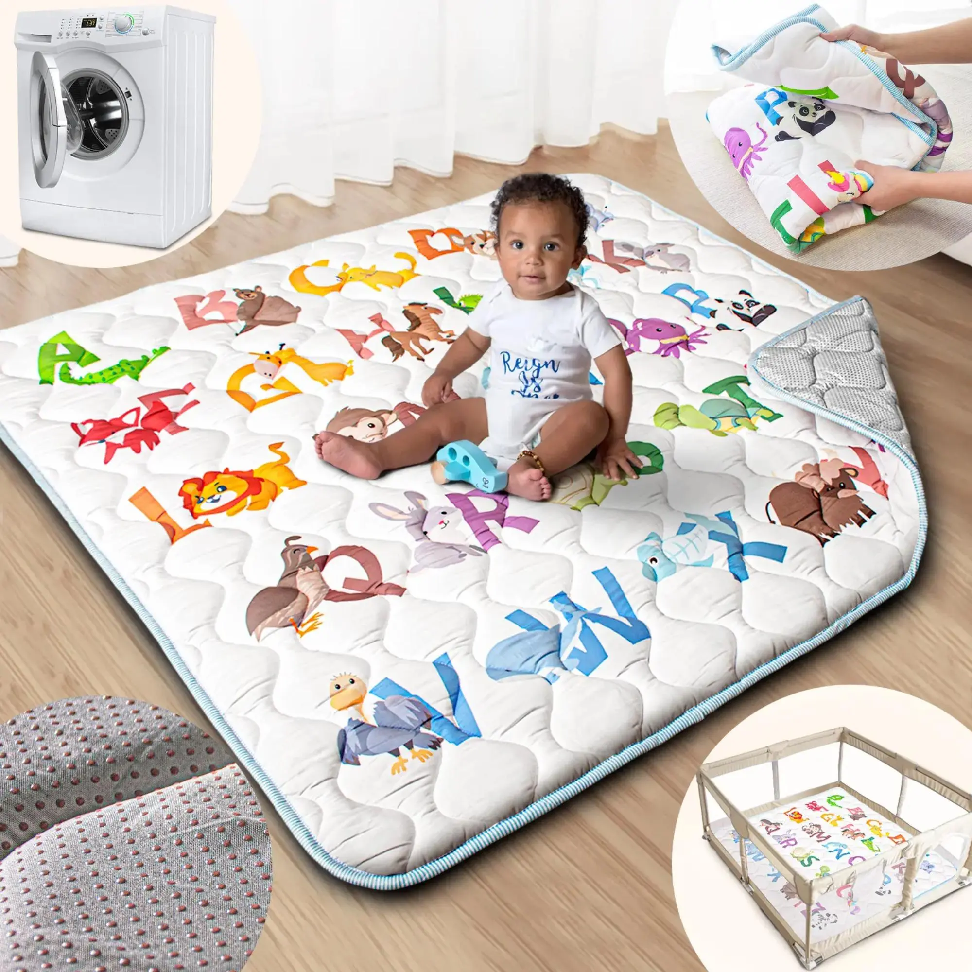 Unisex Baby Play Mat - 50x50in 1in-Thick Soft Furry Cushion, Super Soft Touch, Upgraded Anti-Slip Bottom, Machine Washable, Easy to Clean, Portable, for Floor Play, Home & Festive Decoration, Outdoor