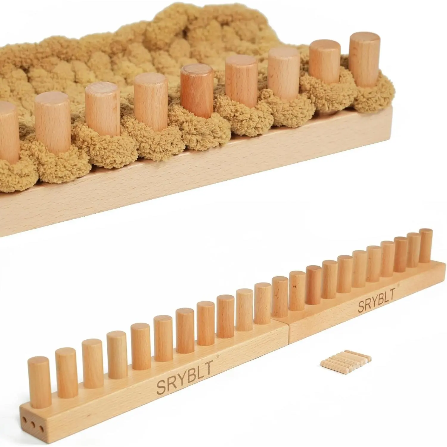 2-Pack DIY Chunky Knit Blanket Loom, 30.2-inch Long Beech Wood Base with Solid Wood Pegs, Stackable for Portability, Expandable Connections, Clear Coating