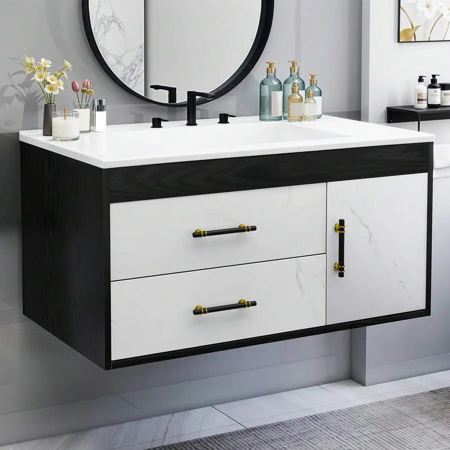 36 Inch Floating Bathroom Vanity Cabinet Set  With Soft-Close System Cabinet, Pattern, 2 Drawers & Pre-Drilled Three Holes