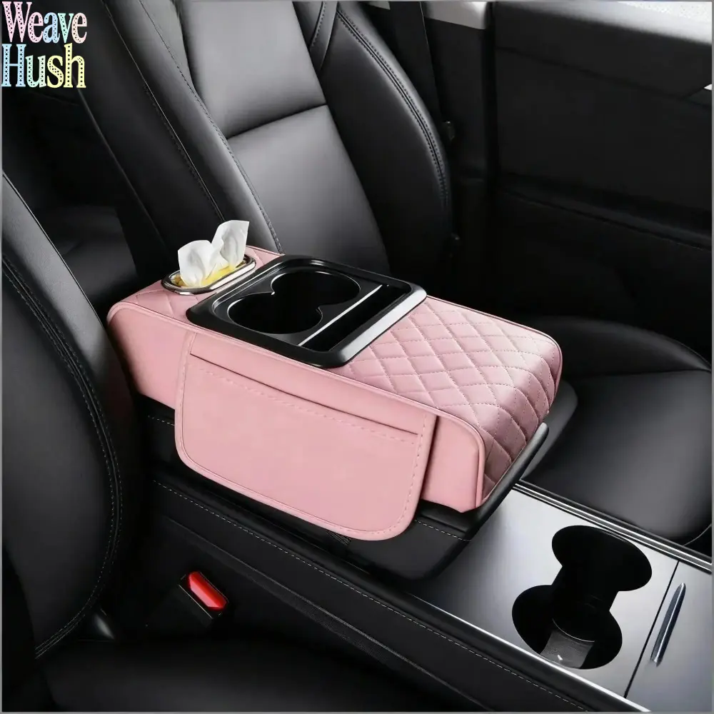 Pink Leatherette 4-In-1 Multi-Use Car Armrest Organizer - Vehicle Console Accessory with Memory Foam Cushion, Cup Holder, Tissue Box, Hidden Storage Compartment - Fits Cars/SUVs for Interior Tidy, Neat Look