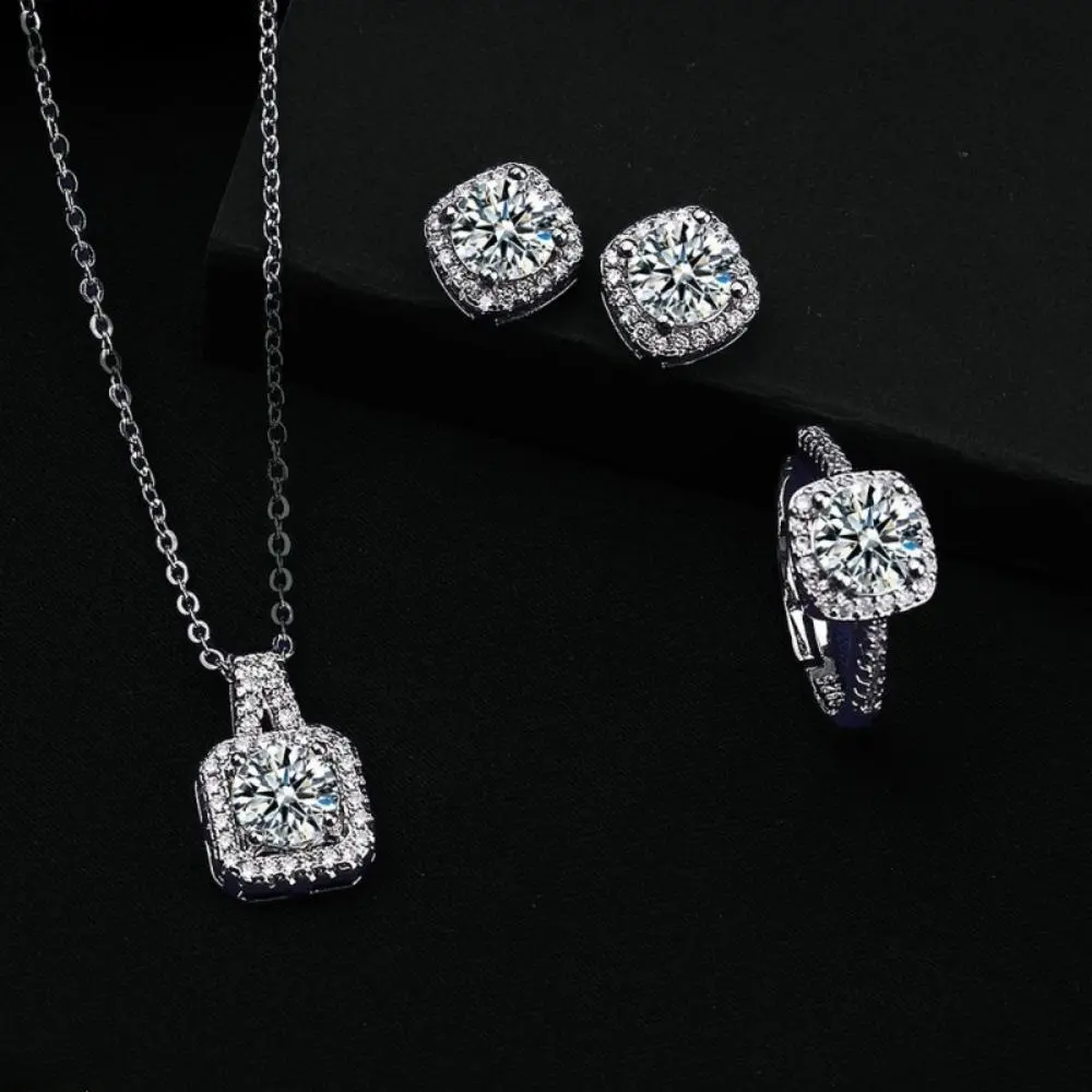 Classic Shape 1 Carat Moissanite Jewelry Set for Women, Elegant 3-Piece Necklace, Ring & Earrings with Shiny Look for Party Wear & Weddings, Moissanite Stone, Clavicle Chain, Female, Matching Jewelry Set, Three-Pieces