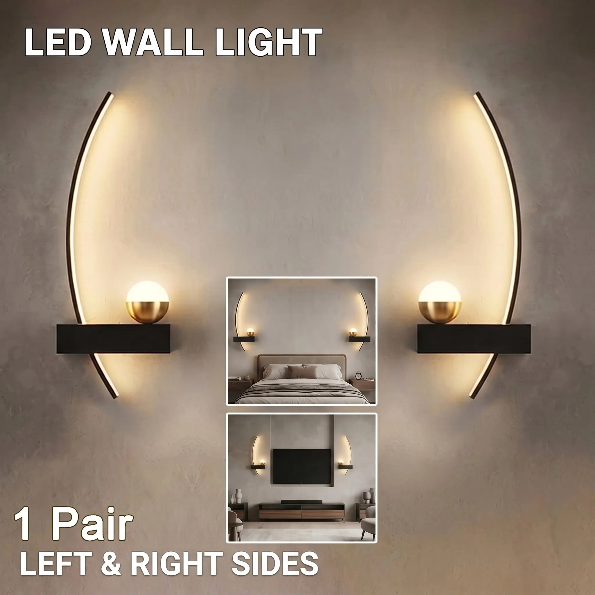 A pair of LED Wall Lamps, LED Wall Sconces, Moon-Shaped Decorative Wall Lamps, Hardwired, Warm Light, For Living Rooms, Bedrooms, Home Offices, Hallways, Stairwells, Dining Rooms, and Indoor Decorative Lighting